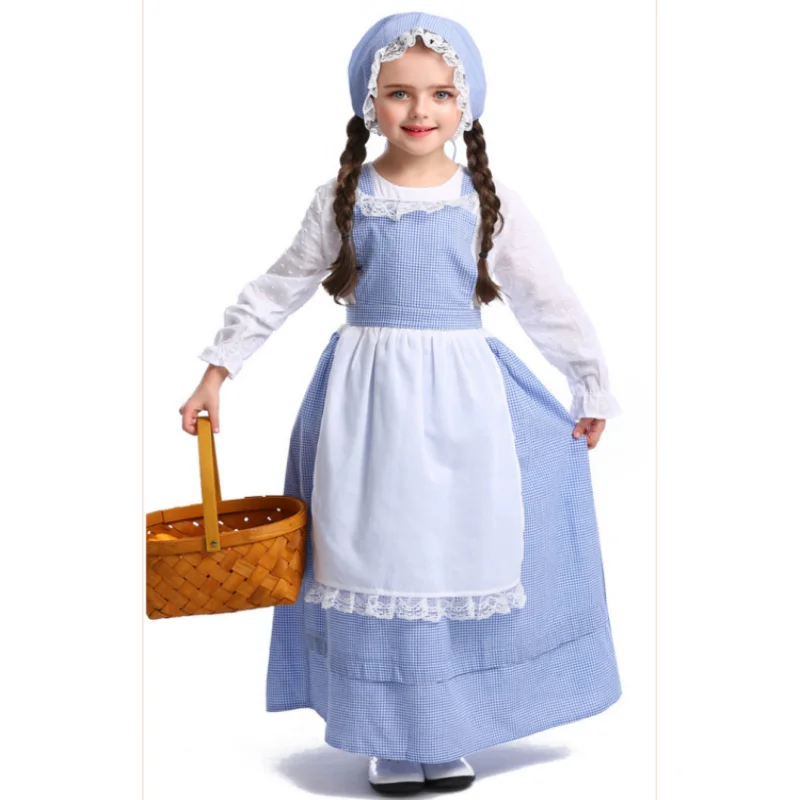 

Light Blue Plaid Lace Long Skirt Jacquard Cosplay Halloween Kid Drama Stage Performance Costume European Medieval Pastoral Style