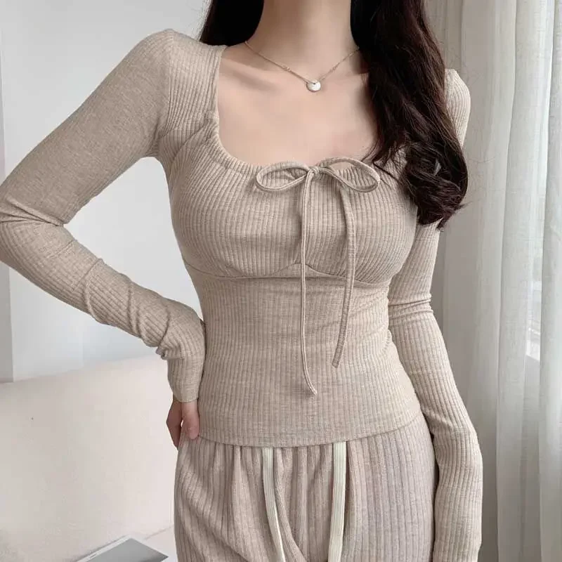 Long Sleeve T-shirts Women Spring Autumn Square Collar Solid Slim Pit Stripe Lace-up Knitting Tops Simple All-match Fashion New