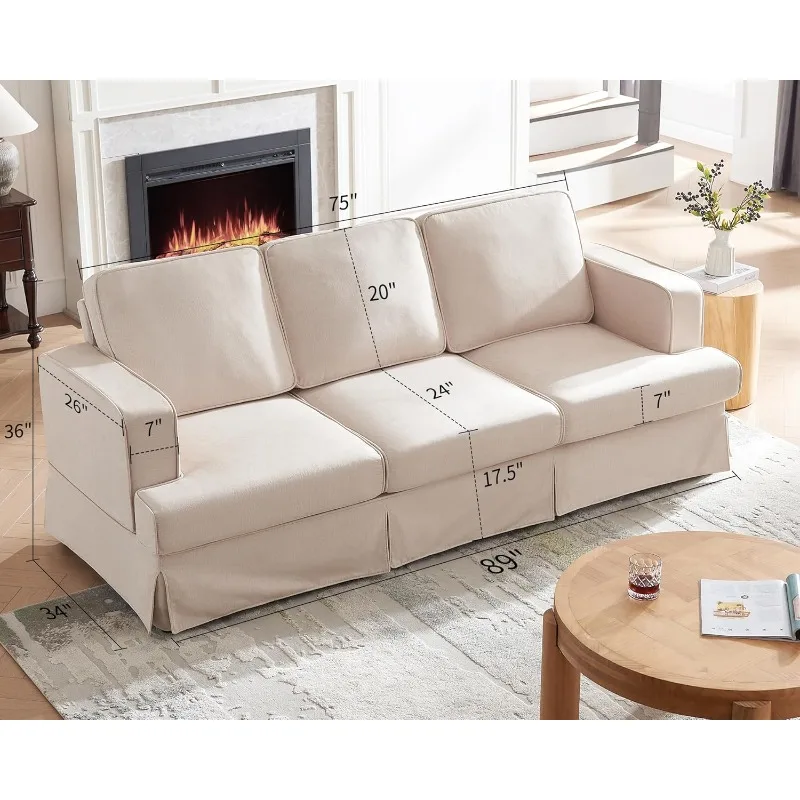 Modern Sofa, 89 inch Slipcovered 3 Seater Sofa with Removable Cover, Extra Deep Couch for Living Room, Linen Beige