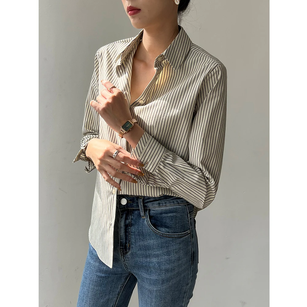 

Весенне-летняя женская приталенная рубашка с длинным рукавом в полоску, с квадратным воротником, тонкая, стильная, для офиса и повседневной носки