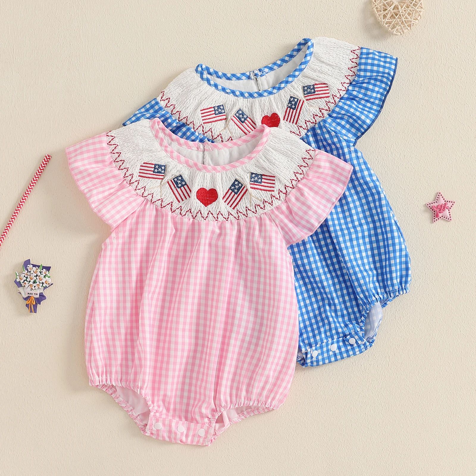 Infant Baby Girl 4th Of July Outfit Plaid Smocked Flutter Sleeve Bubble Romper Flag Embroidered Summer Bodysuit