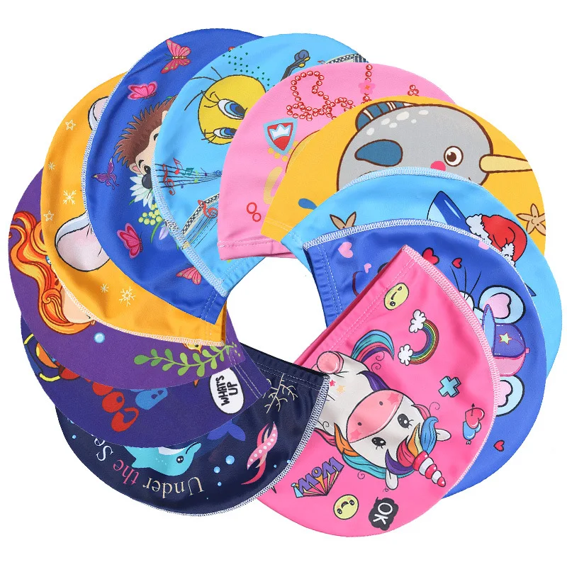 2022 Children Swimming Cap High Elasticity Cute Cartoon Boys and Girls Cloth Swimming Cap Children Baby Printed Swimming Cap