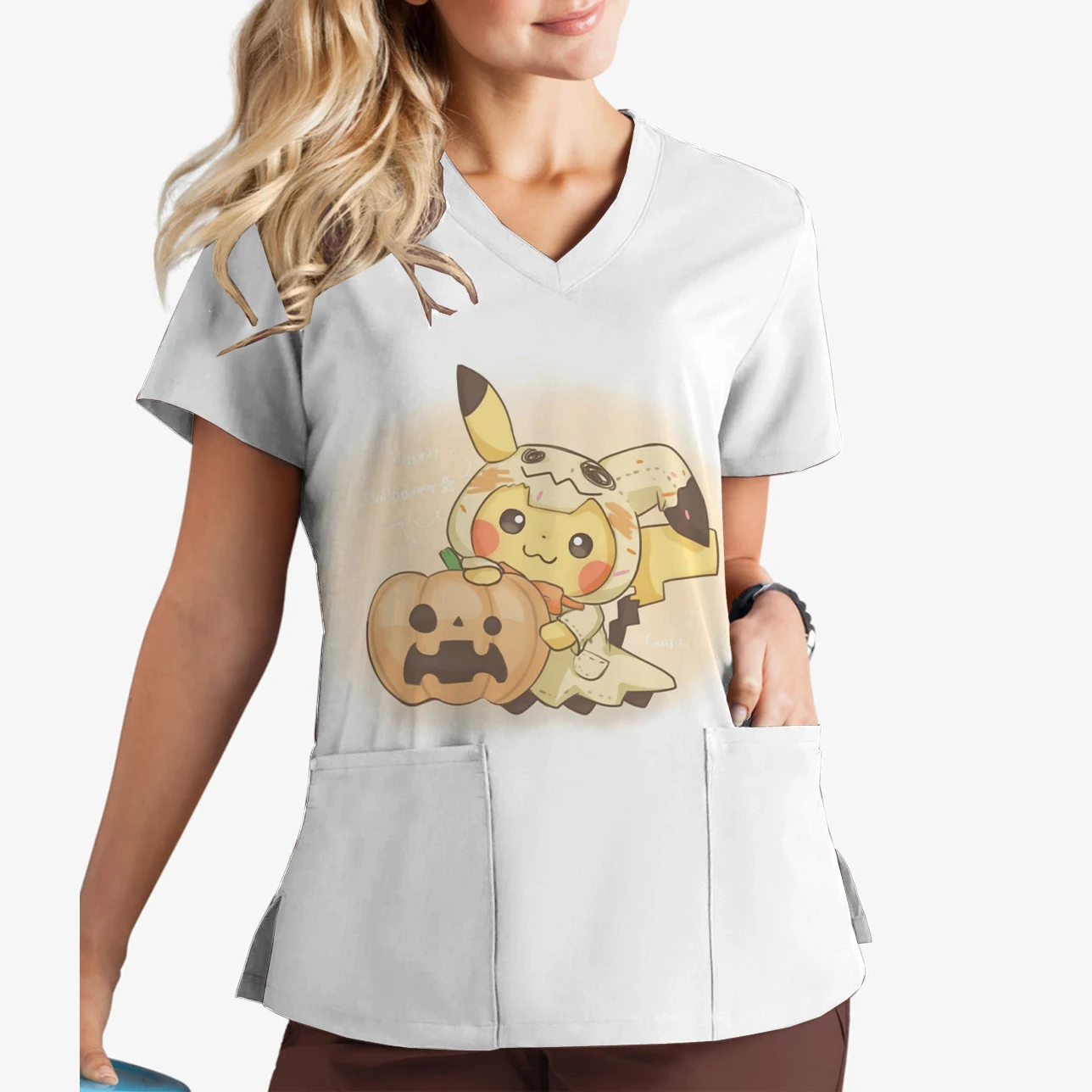 Summer Beauty Salon Nursing Home Women's Nursing Clothing V-Neck Print Scrub Top Animation Pikachu Print Short Sleeve Top