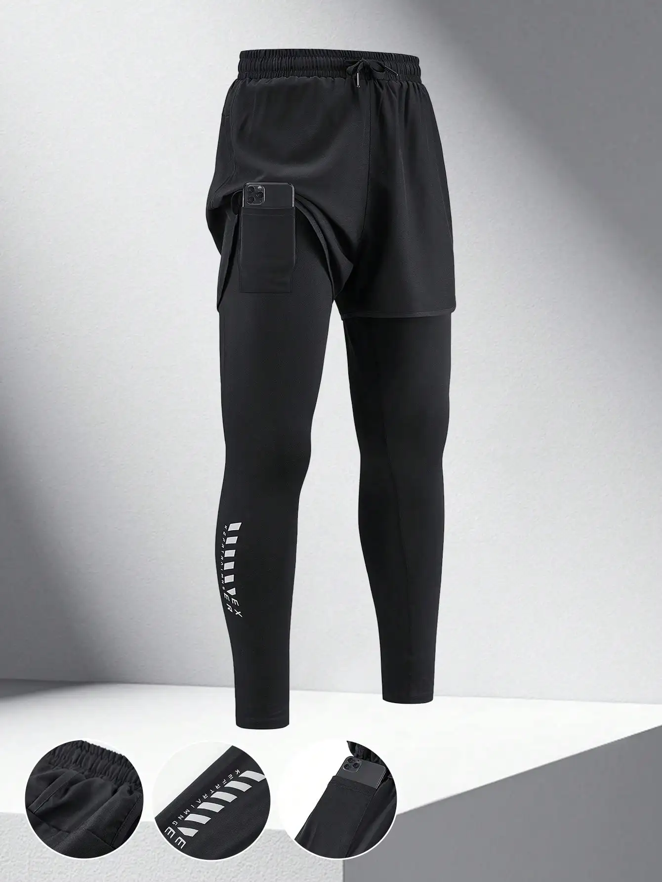 

Мужские быстросохнущие спортивные брюки 2-в-1 с карманом для телефона и эластичным поясом