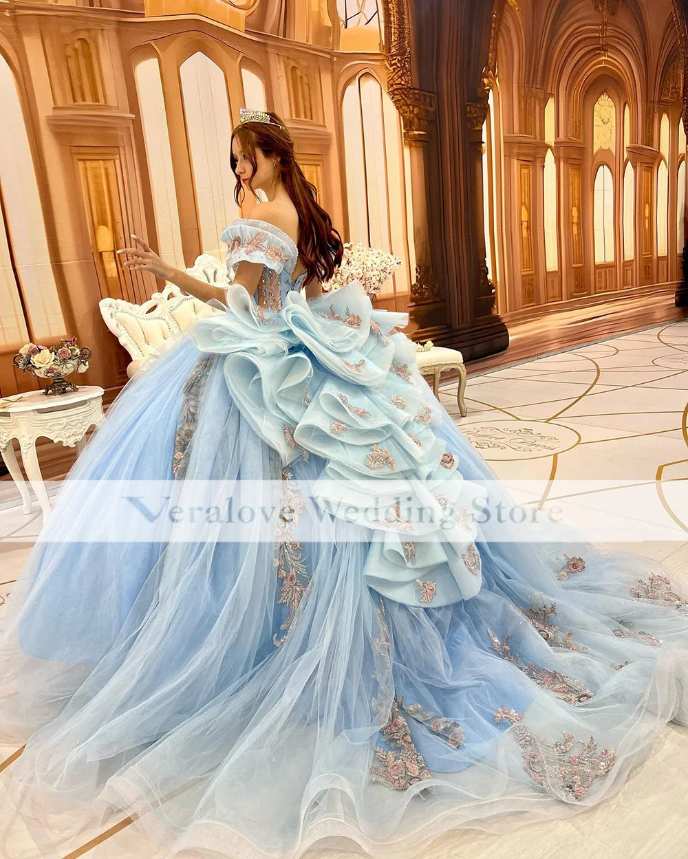 Light Blue Quinceanera Dresses Off The Shoulder Lace Applique Sweet 16 Dress Lace-Up Appliques Vestidos De 15 Años