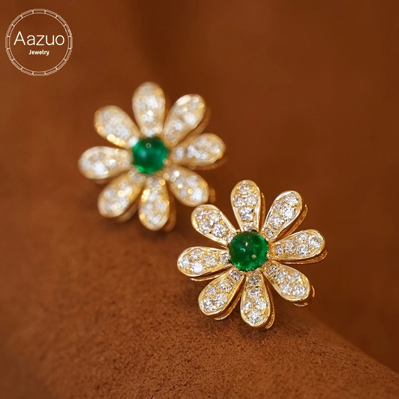 Aazuo Real 18k Yellow Gold Natural Emerald Real Diamond Lovely Flower Daisy Stud Earring Gifted For  Girls & Woman BirthdayParty
