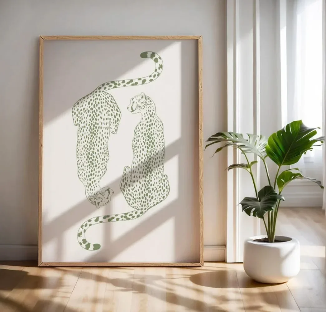 Sage Green Fashionable Cheetah Wall Printing,Apartment Decoration,University Dormitory Decoration,Frameless Canvas Painting