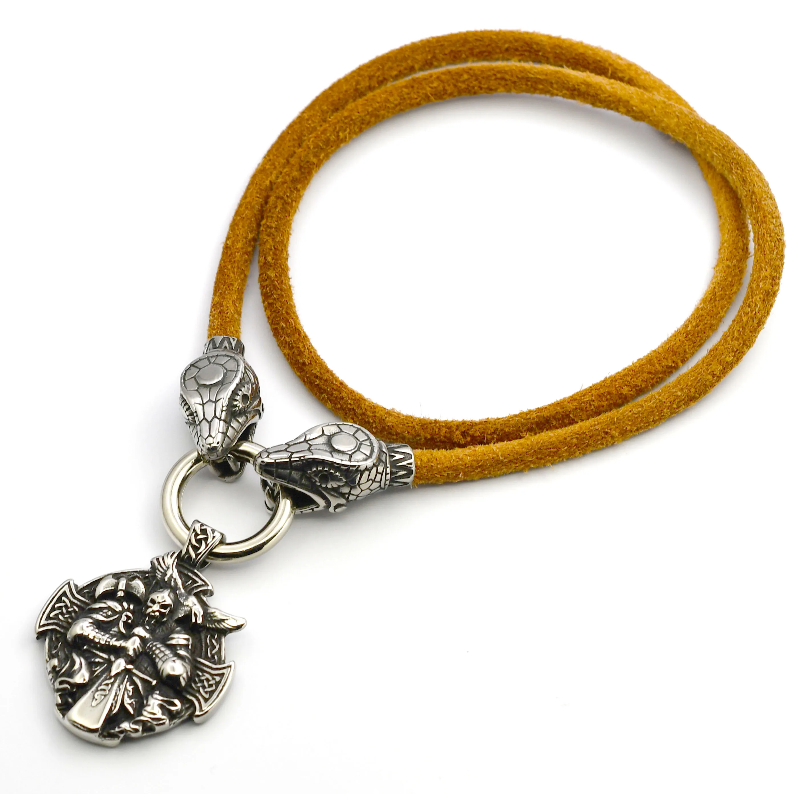 Viking Stainless Steel Snake Head Leather Chain Necklace Nordic Odin Warrior Crow Pendant Necklace Viking Jewelry