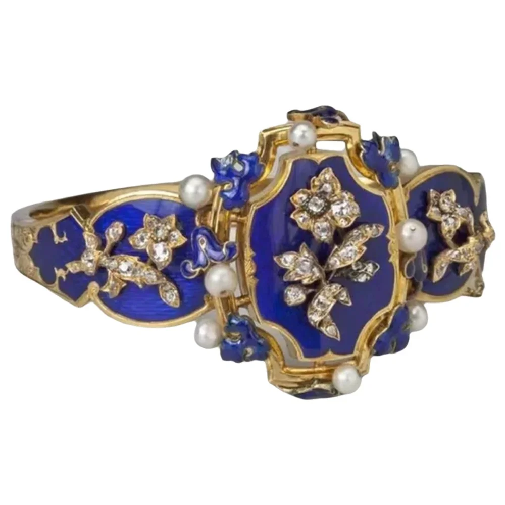 Europe and America Retro Gold Ink Blue Enamel Flower Ring Female Simple Design Carving Logo Ring Punk Party Jewelry Wholesale