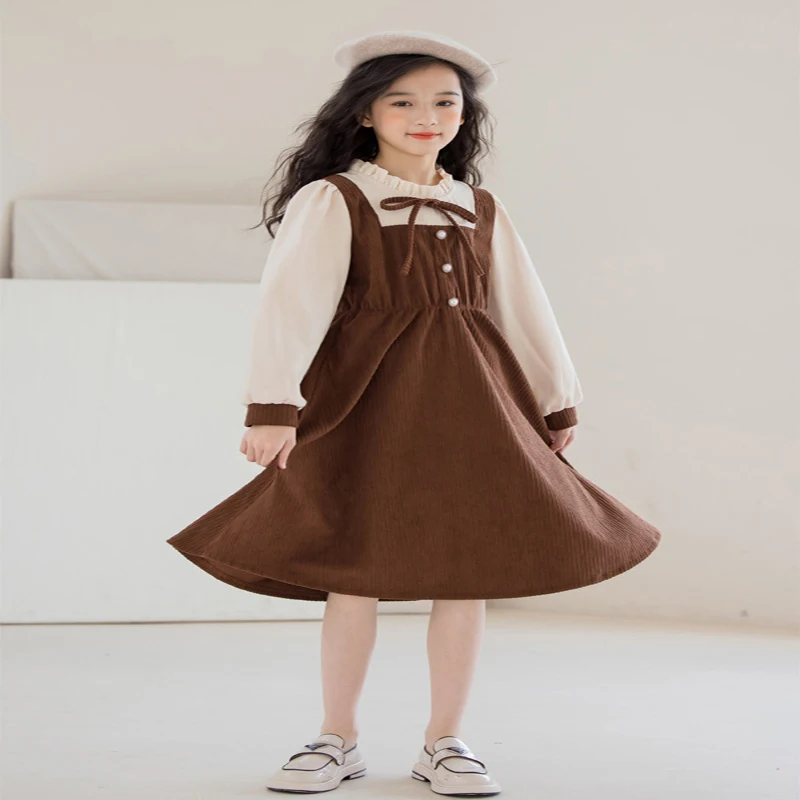 Girls Fake Two-piece Dress 2024 Autumn Winter Children Patchwork Princess Dress Kids Long Sleeves Fleece-lined Casual Dress