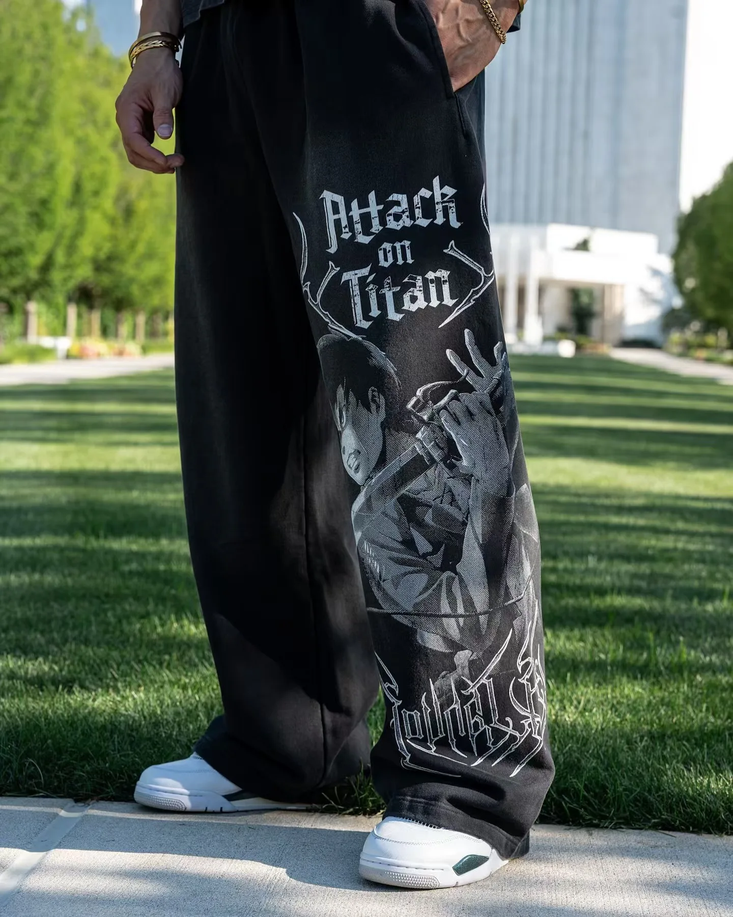 American trendy sweatpants collaboration anime joggers, cotton terry print, wide-leg casual pants, hip-hop street pants