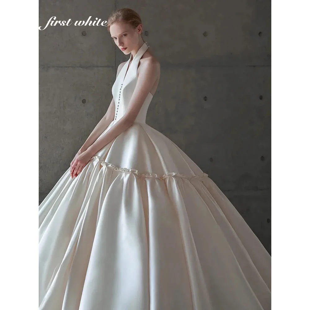 Halter Satin Wedding Dress Deep V Backless Tiered Ruffle Ball Gown Bridal Gown Custom Made Wedding Gown With Chapel Train