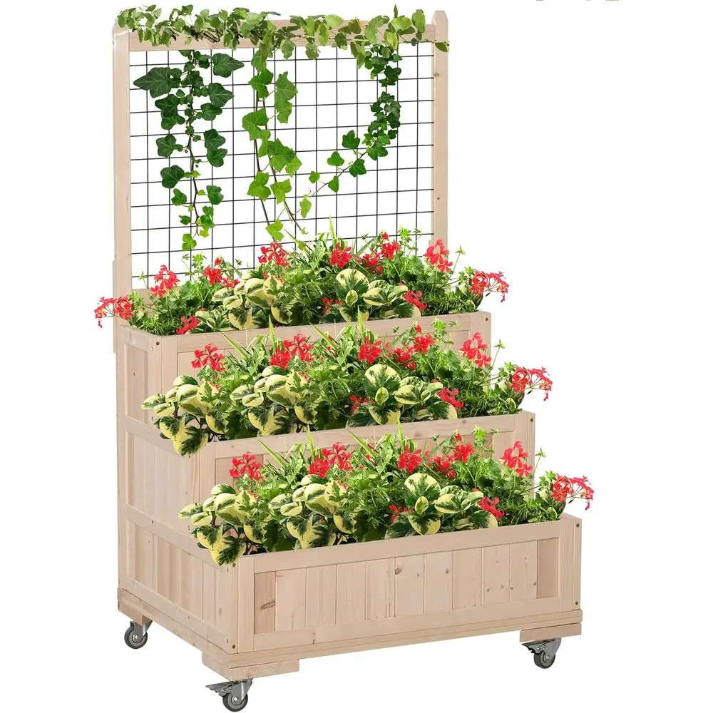 

3-Tier Elevated Garden Bed with Trellis, 53 Tall Planter Box on Wheels, Storage, Ideal for Vegetables and Herbs