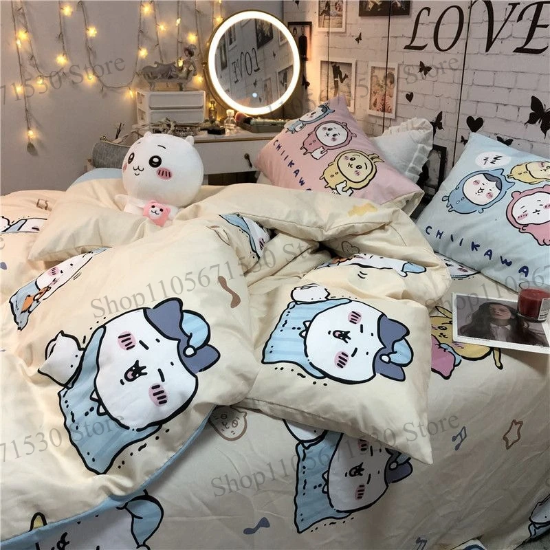 Kawaii Chiikawa Three Cute Characters Bedding Set 1.2m Single Bed Sheet Quilt Cover for Dorm Usagi Hachiware Cartoon Lovely Cute