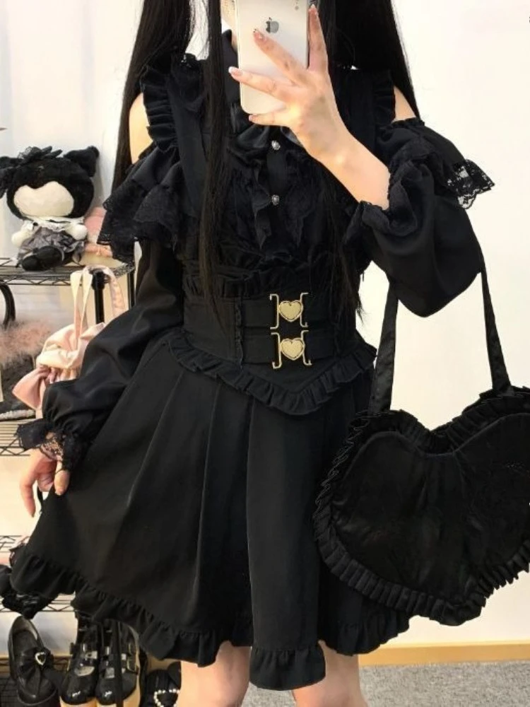 اليابانية الحلو جميل لوليتا منقوشة الحمالة تنورة المرأة خمر الدانتيل تقليم تصميم تنورة صغيرة Harajuku شيك ألف خط Kawaii وتتسابق #2