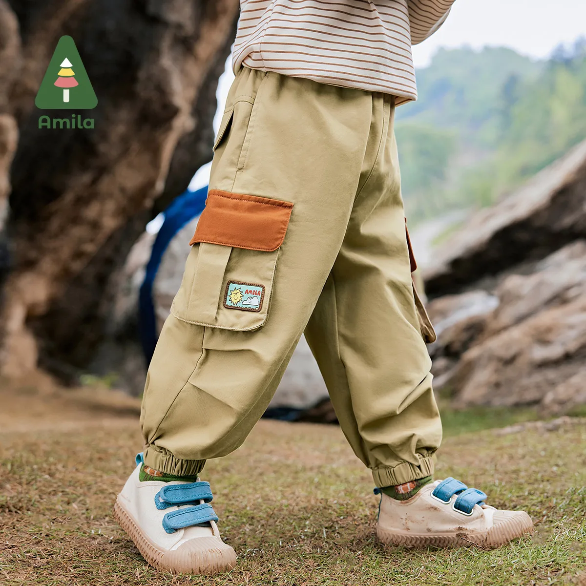 Amila Baby Overalls 2024 Autumn New Boys Soft Cotton Washable And Durable Contrast Color Pocket Outdoor Children’S Casual Pants