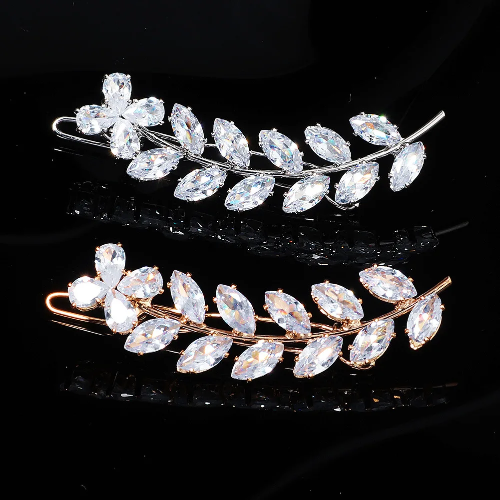 Fashion Barrette Cubic Zirconia Leaf Hair Clips for Women Accessories Bridal Wedding Hair Jewelry Party Bride Headpiece