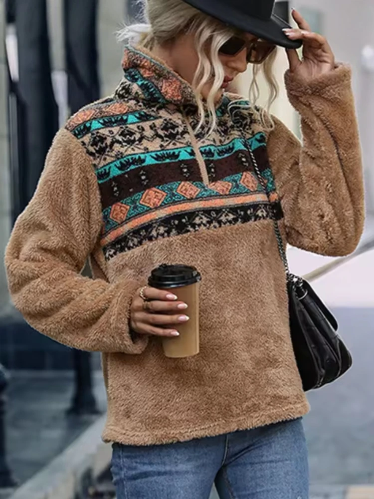2026 Autumn Winter Women Ethnic Geometric Print Spliced Plush Top Loose Long Sleeve Half Zip Stand Collar Casual Daily Top
