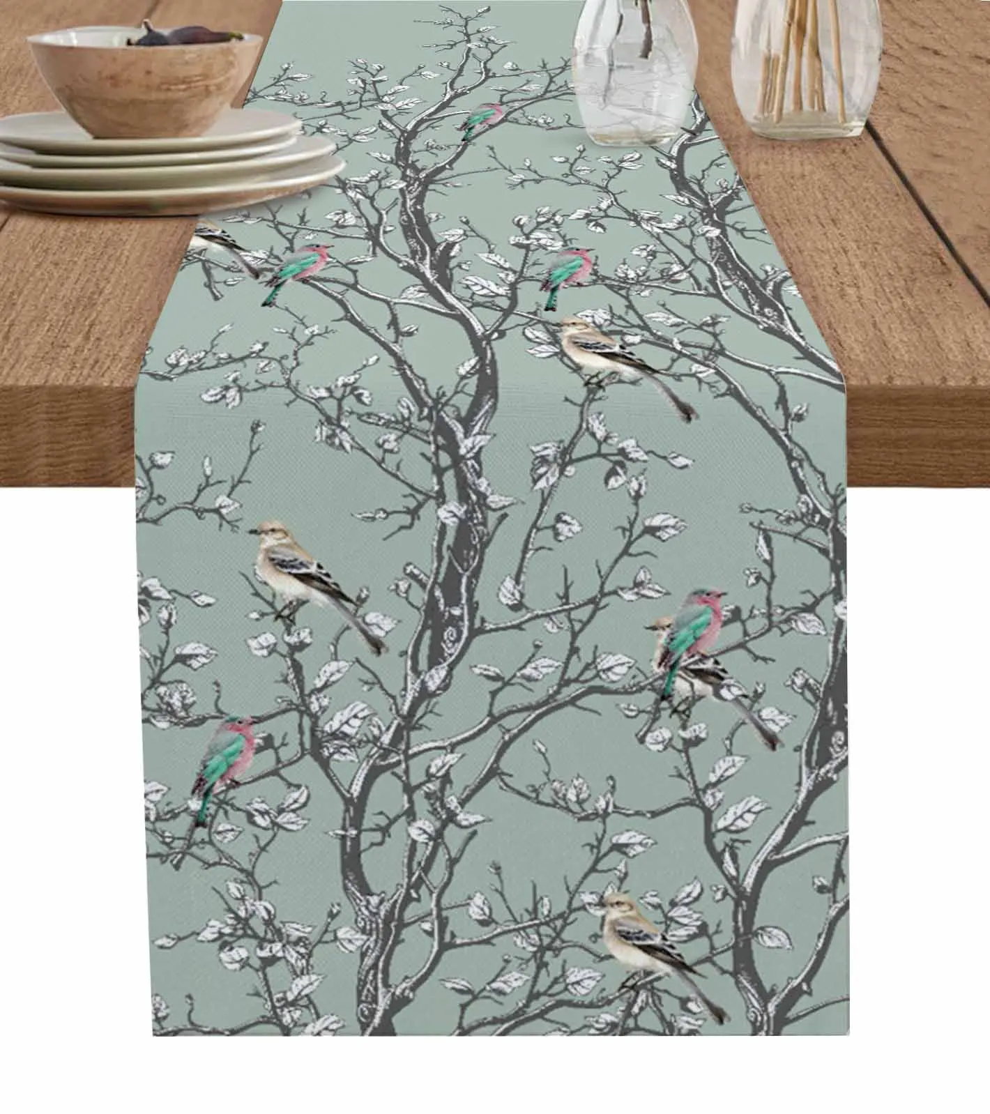 Tree Branch Bird Retro Table Runner Cotton Linen Wedding Table Decor Tablecloth Kitchen Decor Table Runner