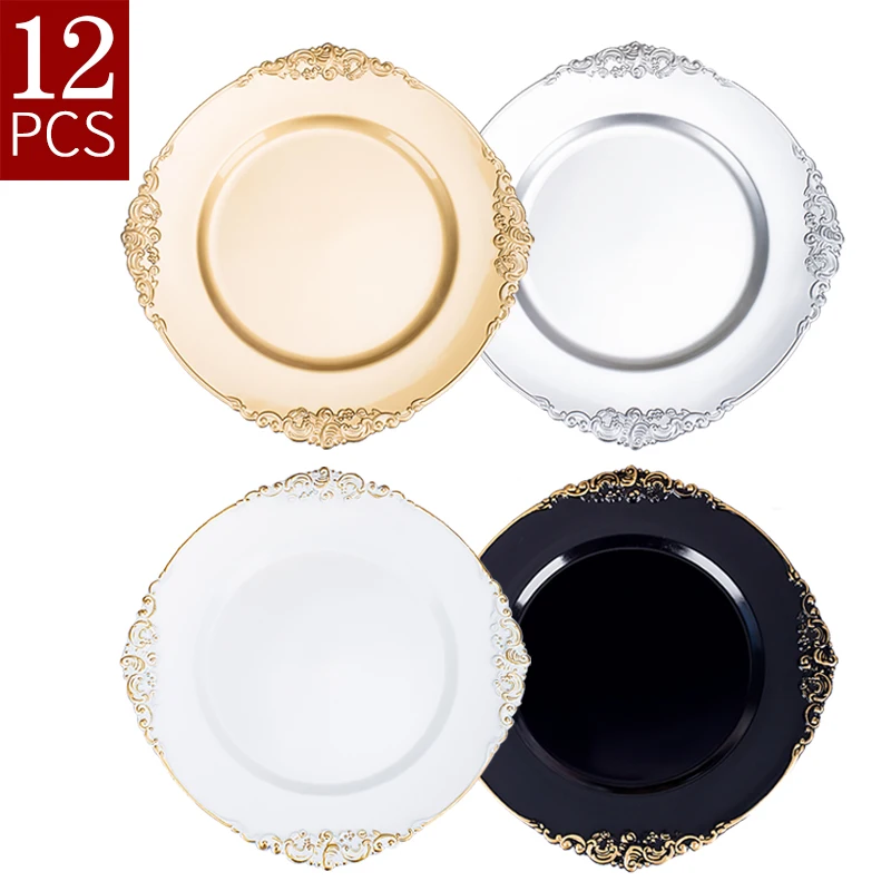 

Round Plastic Black White Silver Gold Rim Charger Plates For Wedding Reception Dinner Set Decoration Luxury Decorative Wholesale