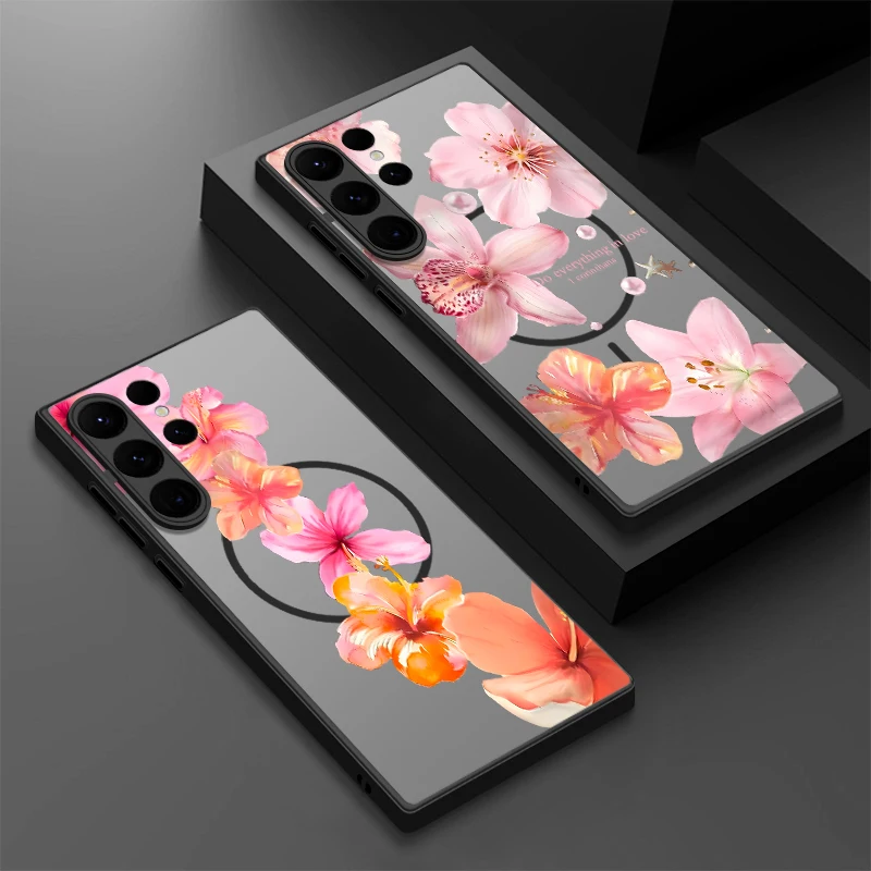 Pink Flowers Pattern Magnetic Phone Case For Samsung Galaxy S25 Edge S24 S23 S22 S25 Ultra S24 Plus S24 S23 S21 FE PC Back Cover