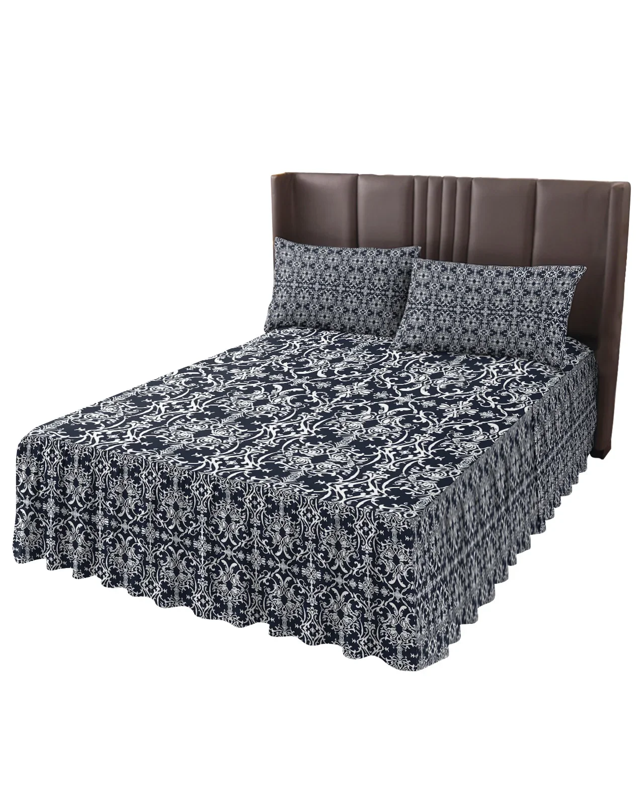 Floral Flower Texture Blue Bed Skirt Elastic Fitted Bedspread With Pillowcases Mattress Cover Bedding Set Bed Sheet