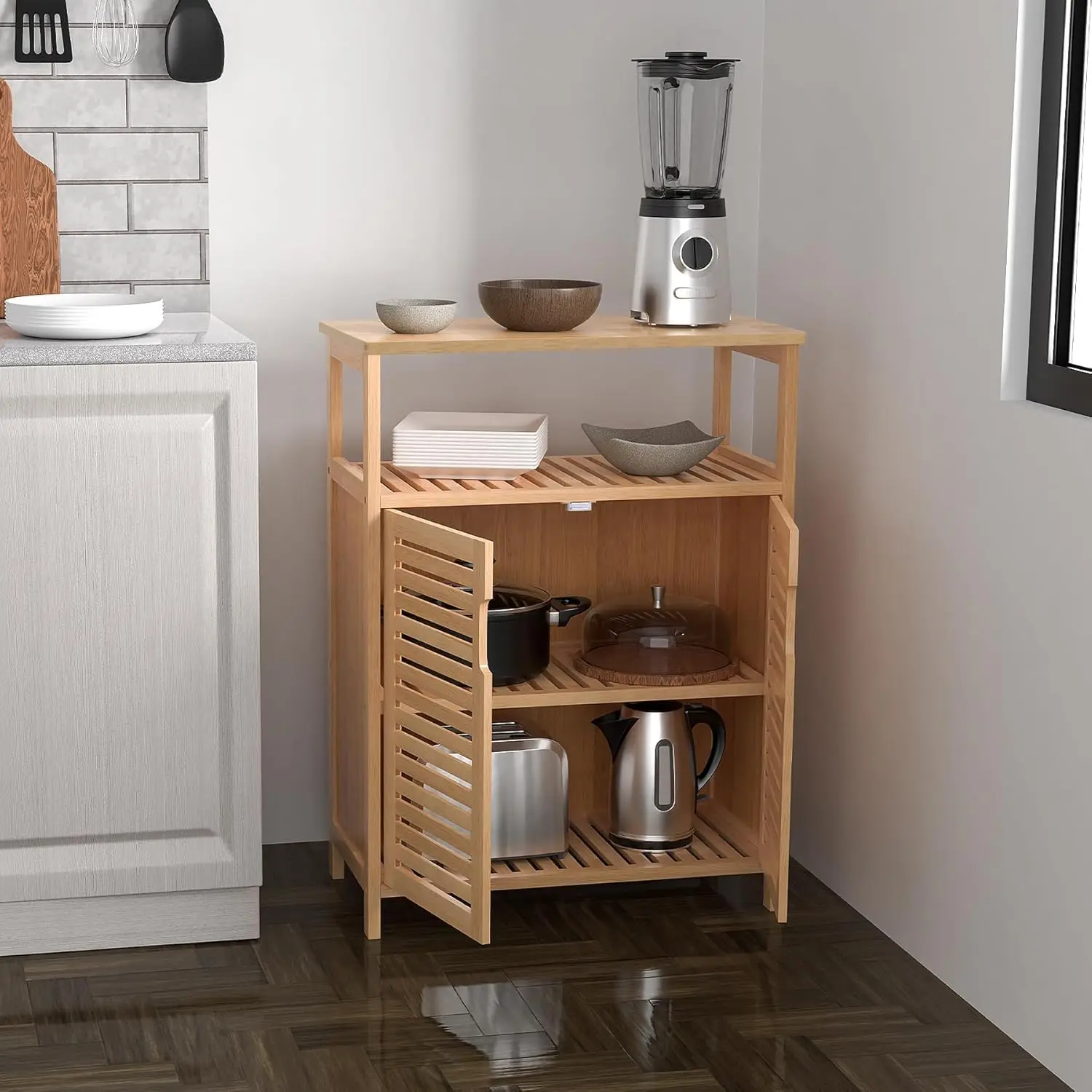 !@Combohome Floor Standing Bamboo Rattan Bathroom Storage Cabinet with Door & Shelf