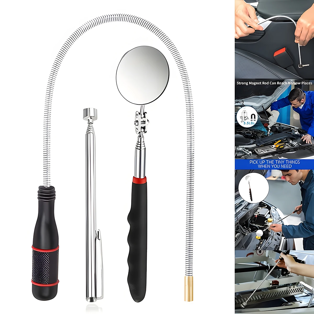 

3-piece magnetic pickup device + suction rod + telescopic reflector; adjustable, 360° rotating telescopic inspection mirror.