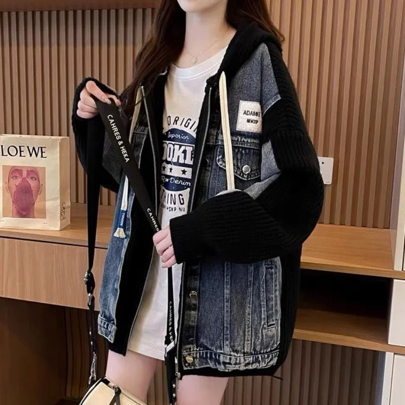 Black Denim Jacket for Women Winter 2024 Cold Outerwear Graphic with Print Hooded Warm Knitted Woman Jean Coat Patchwork Luxury