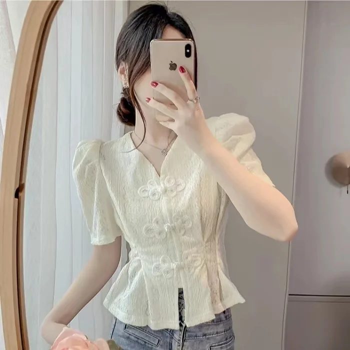 

Short Sleeve Shirts Womens Cotton Patchwork Pintuck Slim Fit Cute Minimalist Preppy Girlish Youthful Student Artistic Blouse