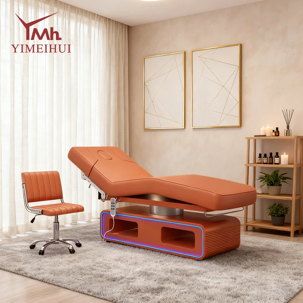 

Luxury Spa Room Orange Facial Beauty Lash Extension Bed 4 Motors Electric Massage Beds for Salon