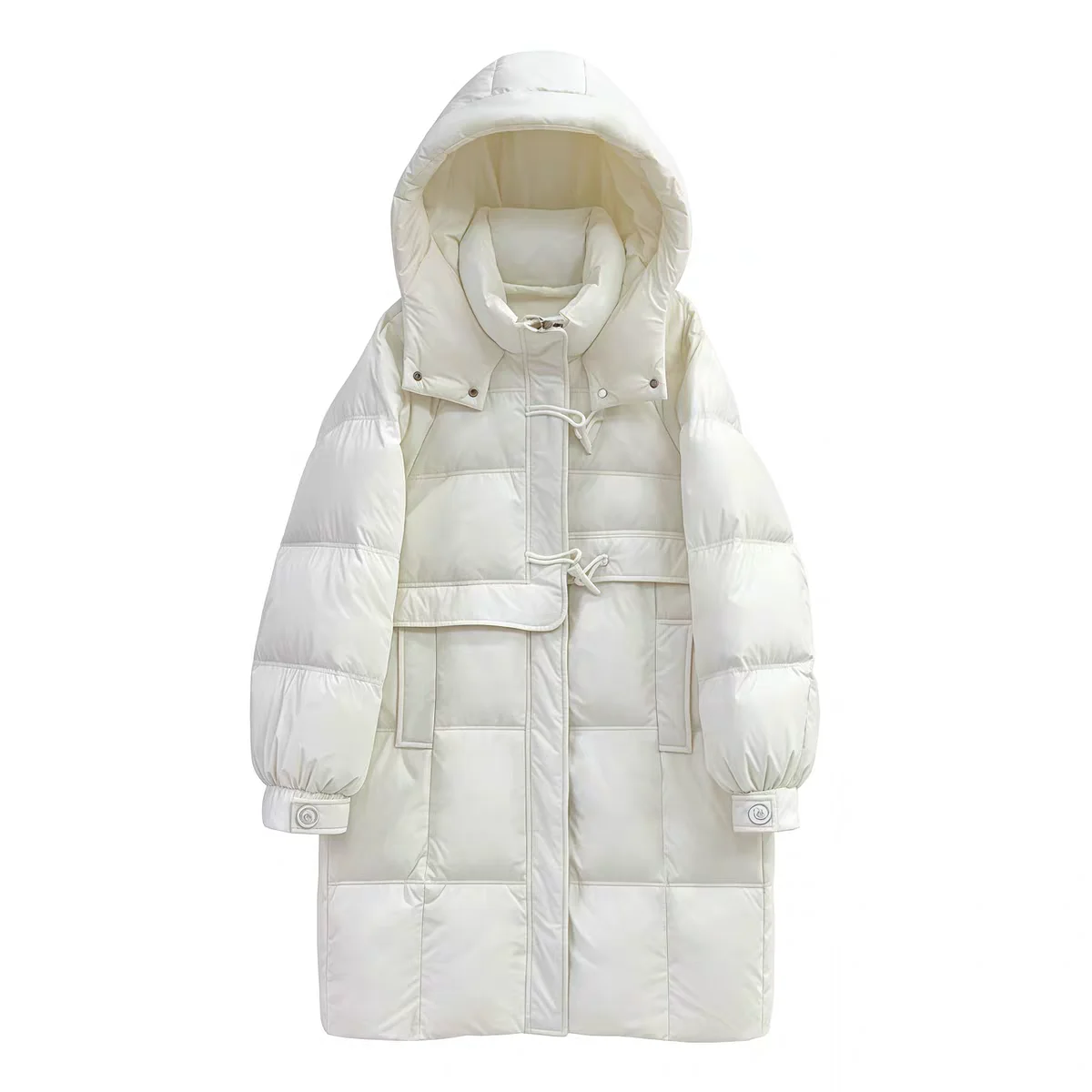 화이트 두 다운 자에 여성용 비대칭 디자인 한국 스타일 겨울 중간 길이 후드 코트 버튼 프론트 클로저 단색