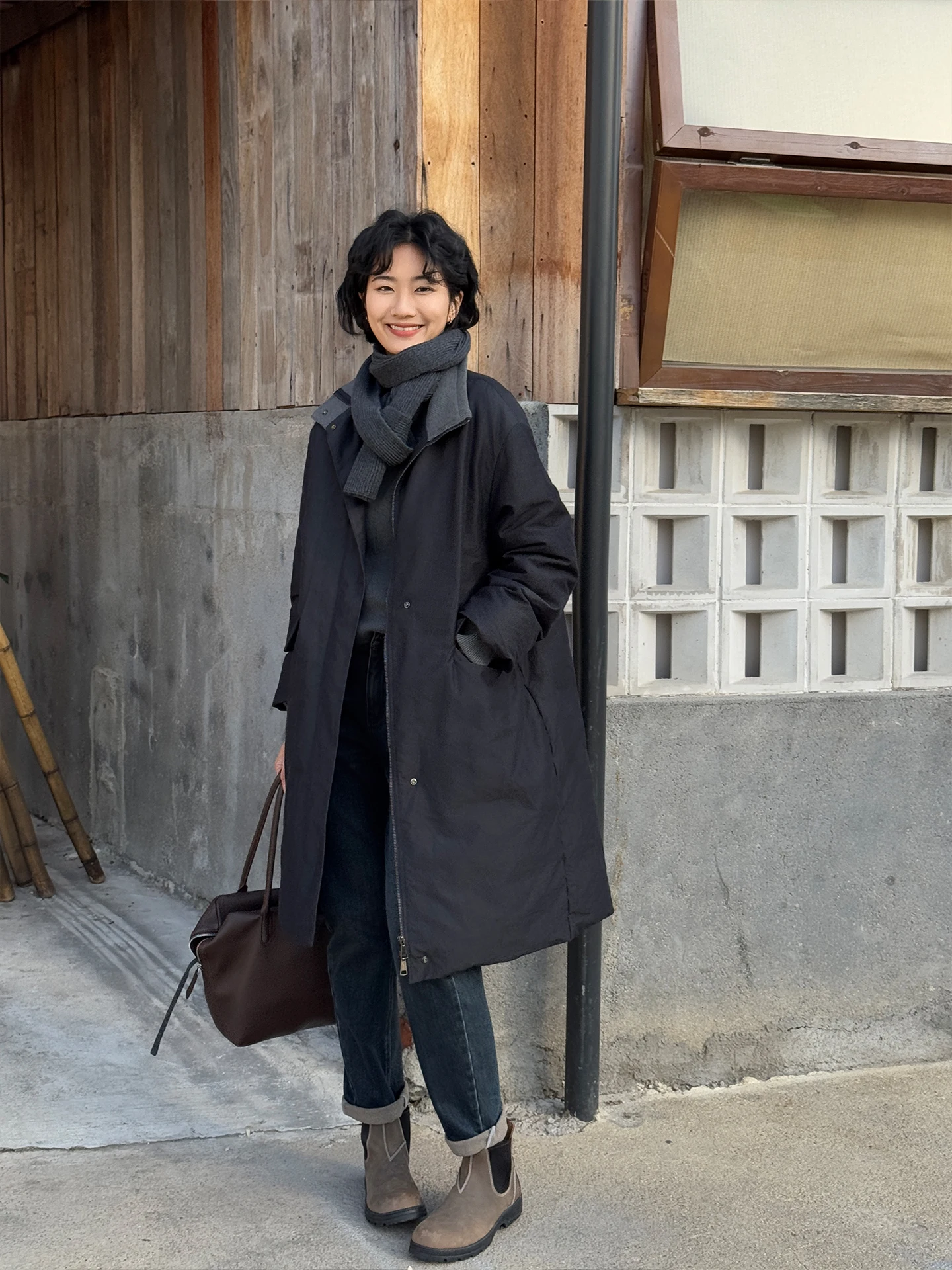 

ey Simple Commute Sle Women's Woolen down Jaet Long Sve Warm Coat White Goose down Casual Mid-Length Commute
