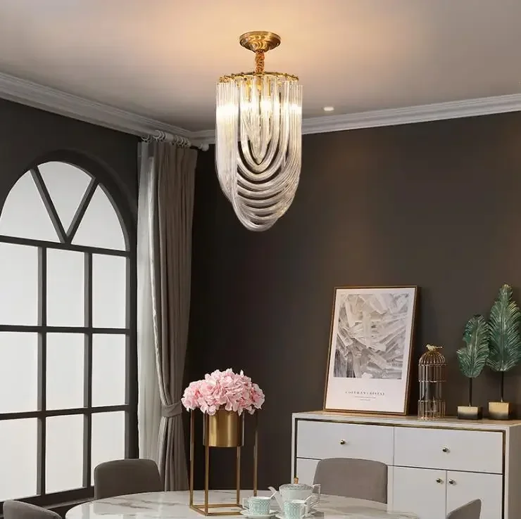 New fashion light luxury chandelier American restaurant led hanging lamp Nordic gold metal e14 holder art glass tube chandeliers