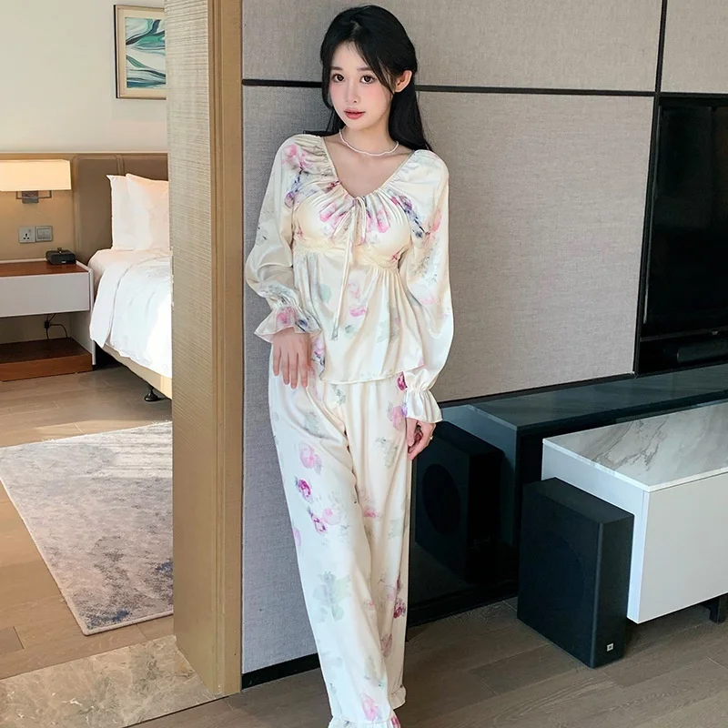 Lisacmvpnel 2023 New Spring Ice Silk Pajamas Women's Long Sleeve French Style Outwear Home Clothes Nightwear