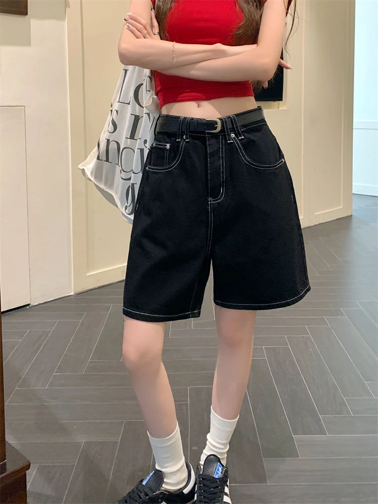 

Women's Summer Black High Waisted Wide Leg Mid Length Pants Young Girl Bottom Female Bright Line Decoration Black Denim Shorts