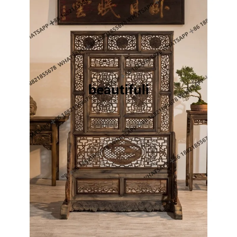 Wood carving solid wood flower grille Chinese partition screen blocking imitation hollow door and window seat screen