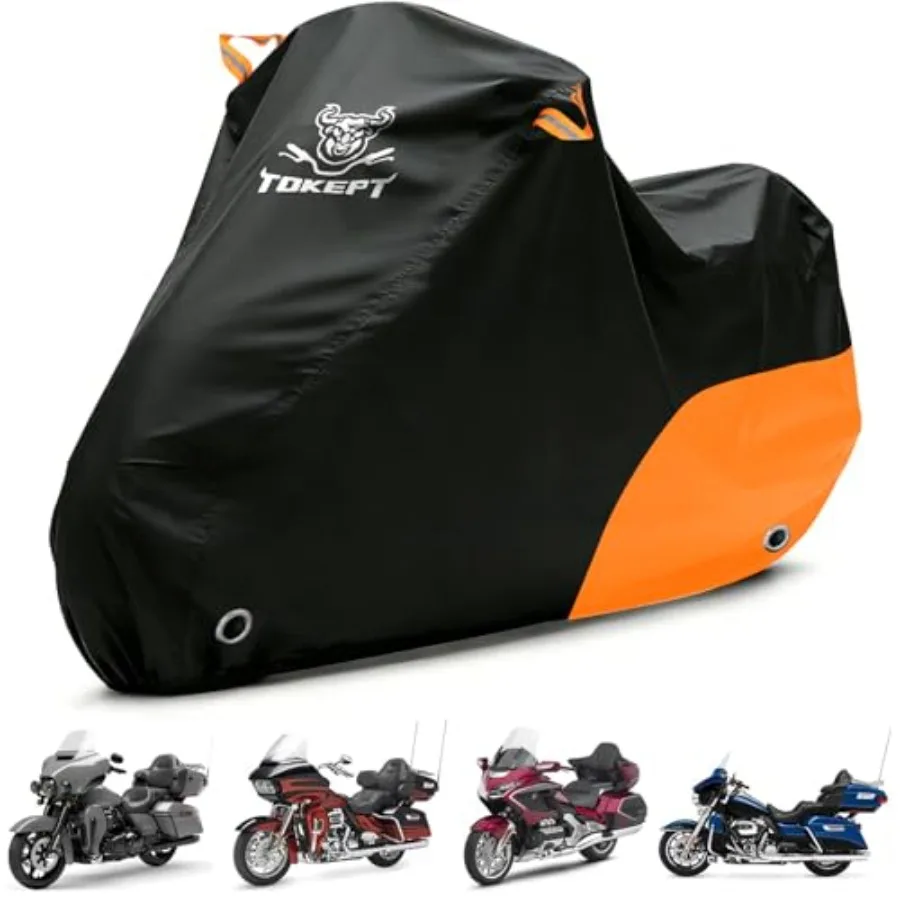 

Motorcycle Cover Waterproof All Season Outdoor Protection, Fits up to 116 Inch, Compatible with Cruisers and Touring Models, wi