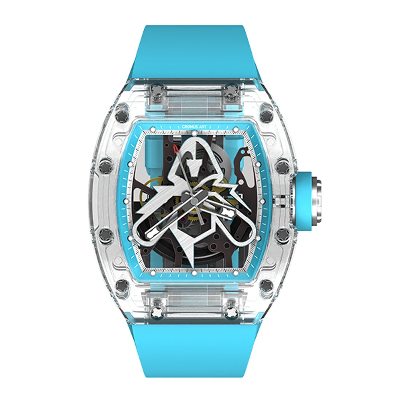 CRONUSART Orologio automatico da uomo 50mm Orologio da polso meccanico Tonneau di lusso Cassa in zaffiro Cinturino in gomma fluorurata luminoso Quadrante scheletrato