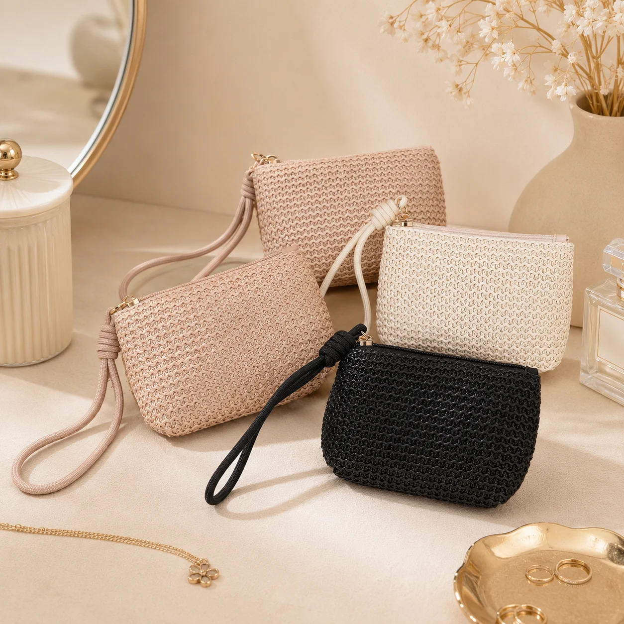 Woven Mini Coin Purse with Wrist Strap, Boho Zipper Wallet for Women, Cash Key Card Earbud Pouch for Travel & Daily Use