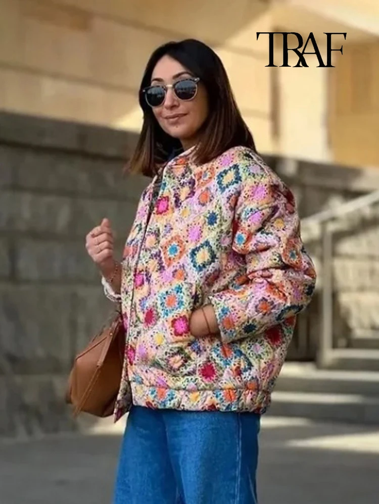 TRAF Women\'s Fashion Floral Printed Cotton Jacket Retro Standing Collar Long Sleeve Padded Coat Ethnic Style Warm Quilted Jacket