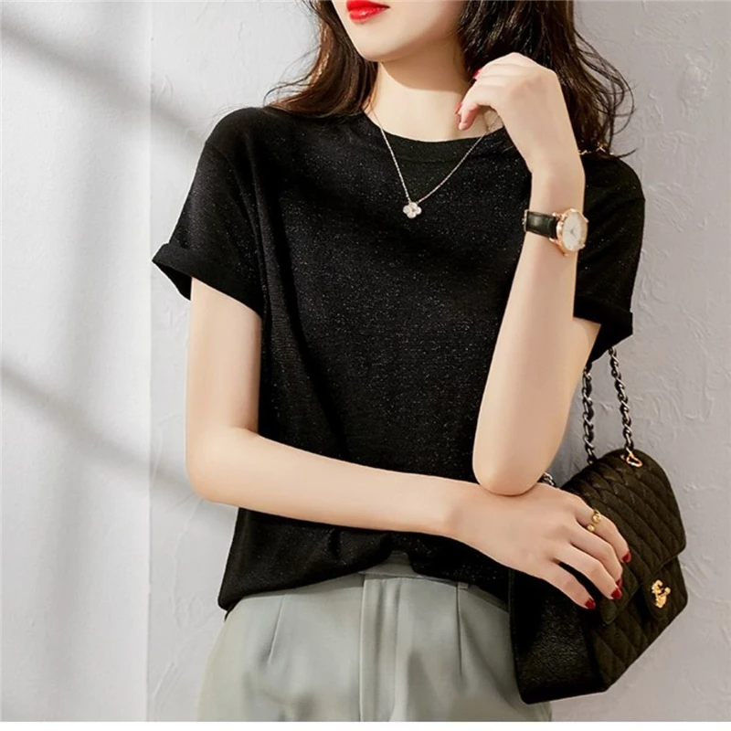 Women Clothes Bright Silk Elegant Thin Ice Silk Basic Knitted T Shirt Summer Fashion O Neck Short Sleeve Chic Pullover Knit Tops