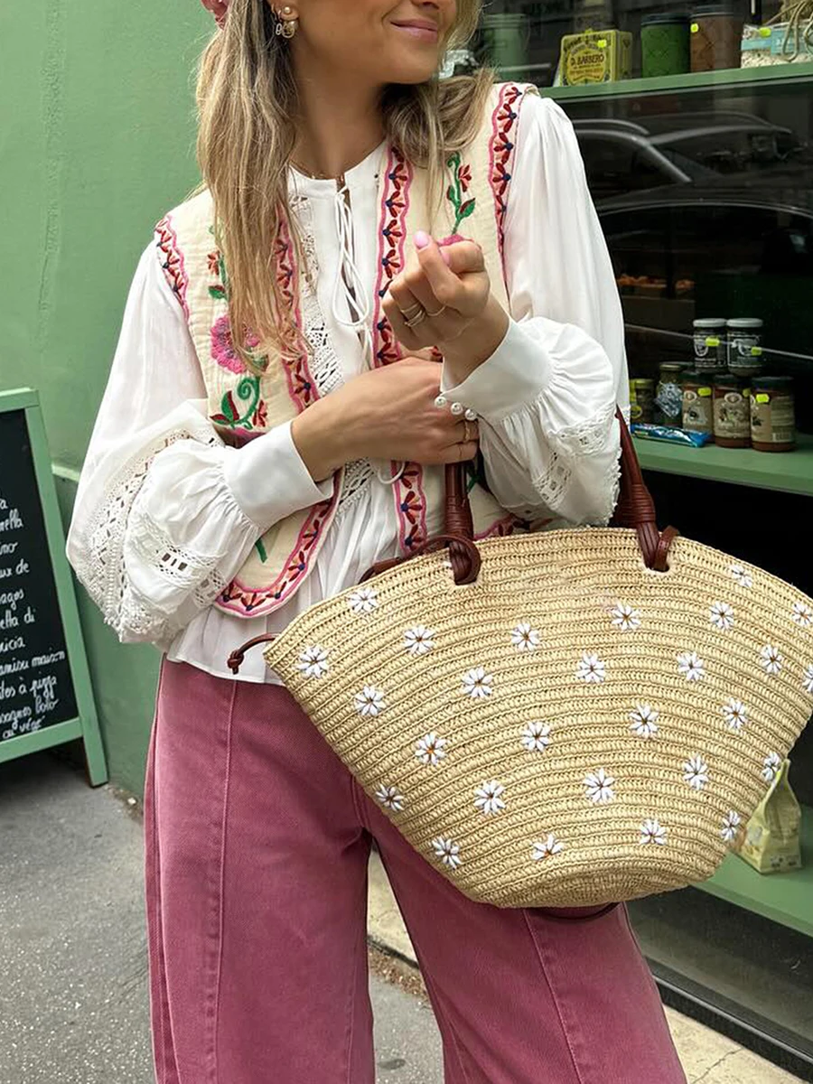 Damskie haftowane kamizelki bez rękawów w stylu Vintage w stylu Boho w kwiaty bluzki z odkrytymi przednimi kamizelkami