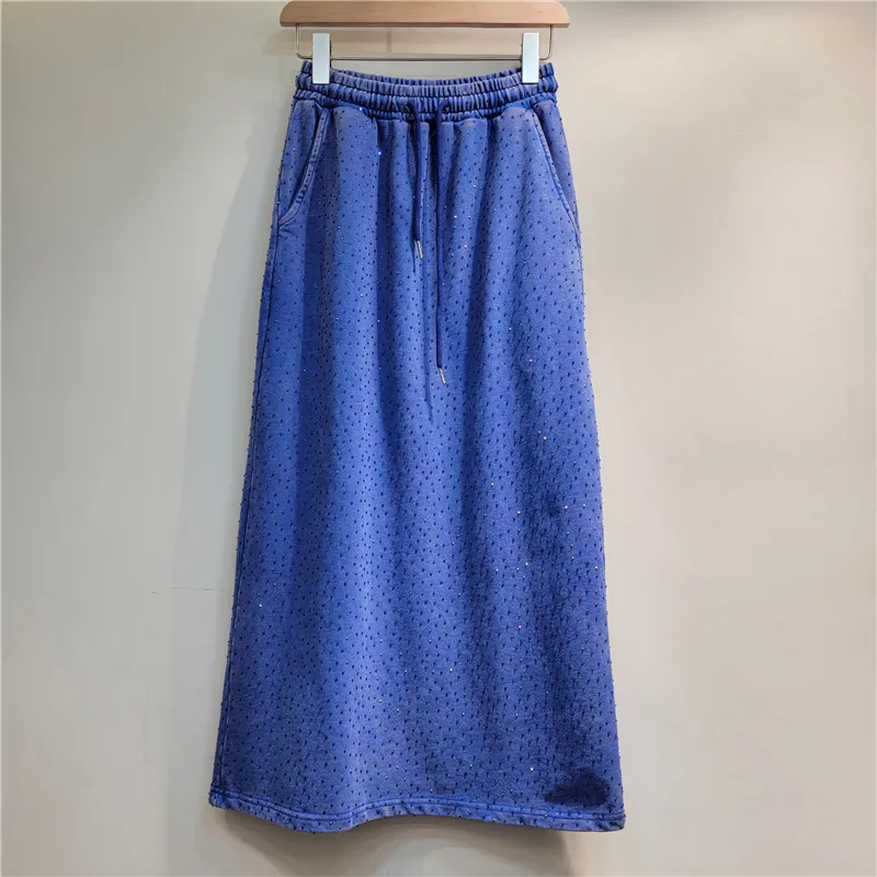 European Station 2023 Winter New Hot Drilling Elastic Waistband Lace-up Split Mid-Length Skirt Streetwear Women's A- Line Skirts