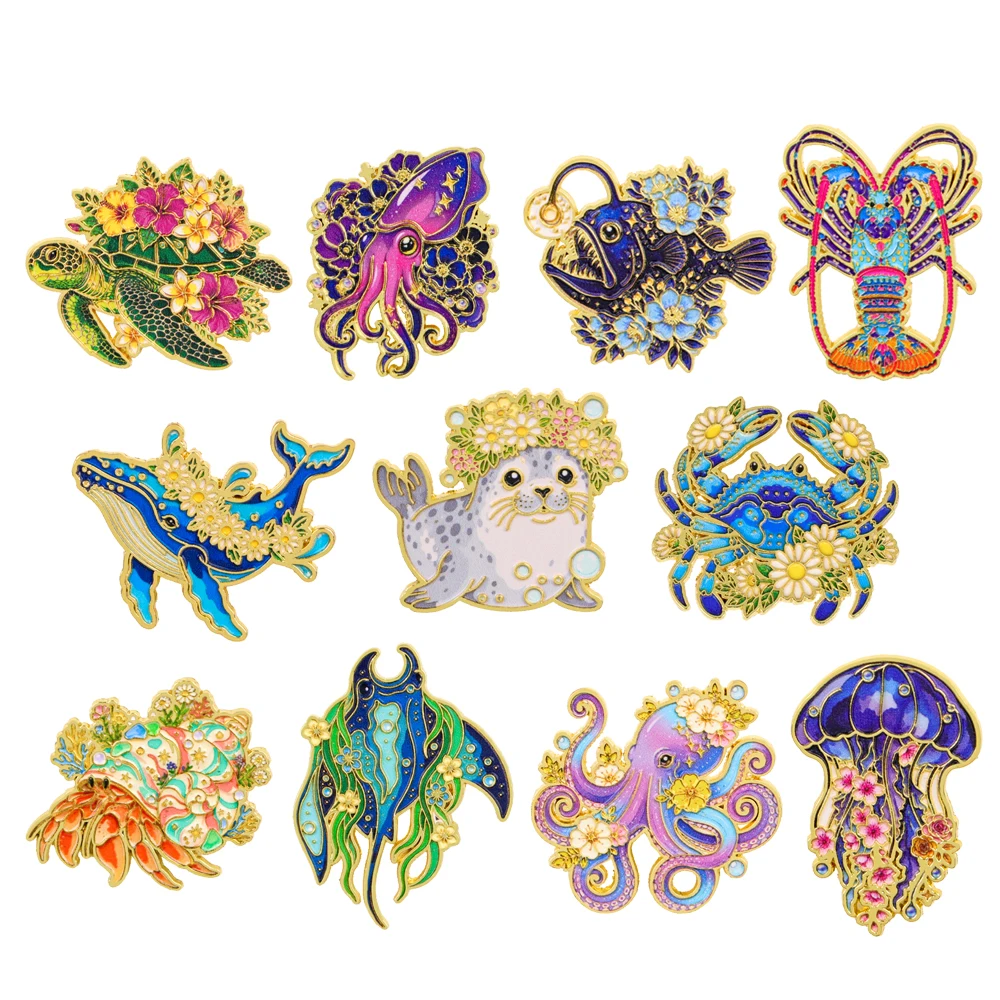 1-11pcs Ocean Animal Enamel Pins Floral Animal Funny Slogan Musical Instrument Lapel Brooch Badge Backpack Clothing Jewelry Gift