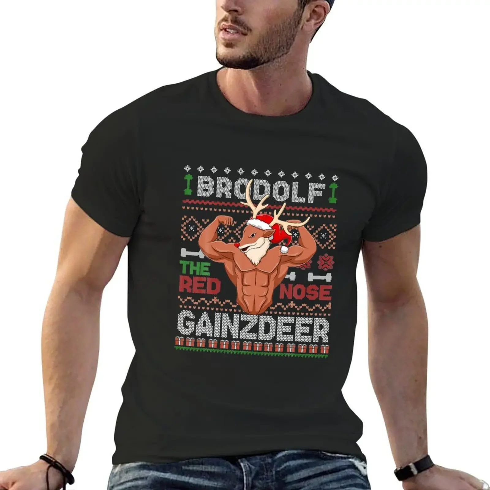 Brodolf The Red Nose Gainzdeer Gym Ugly Christmas Sweater T-Shirt graphic t shirts fruit of the loom mens t shirts