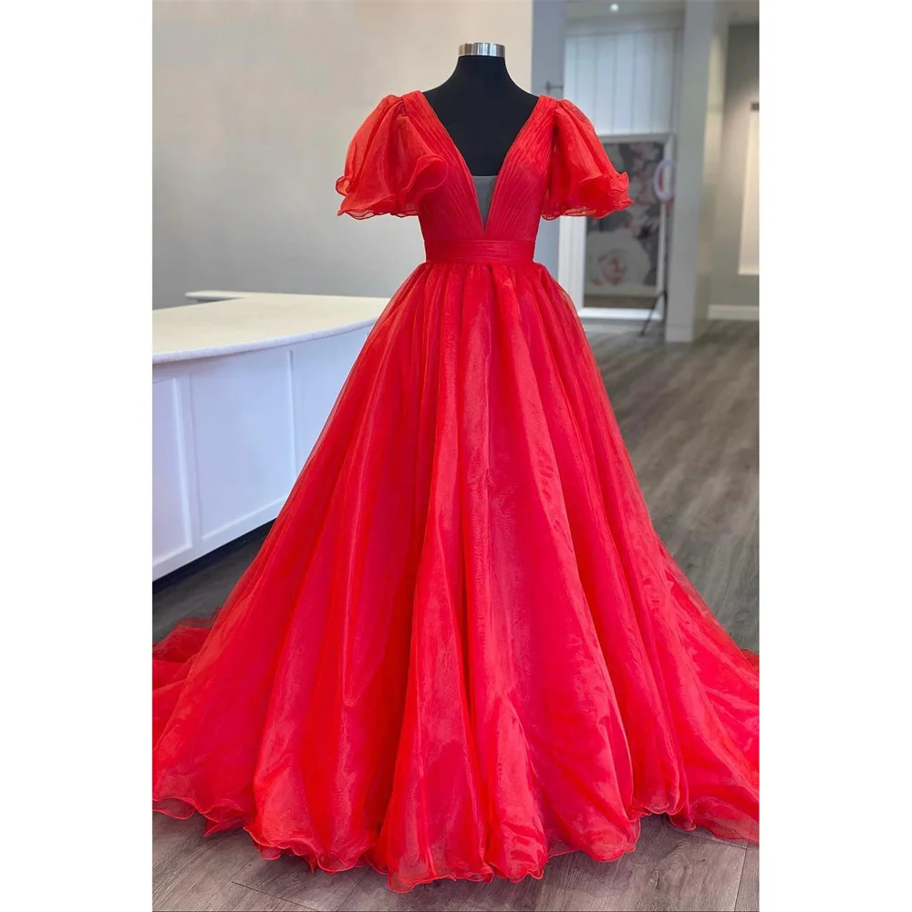 

Lily Red Organza Woman Long A-Line Evening Dress Gown Beautiful V-Neck Ball Gown Puffy Sleeves Night Dresses Gown robes de soiré