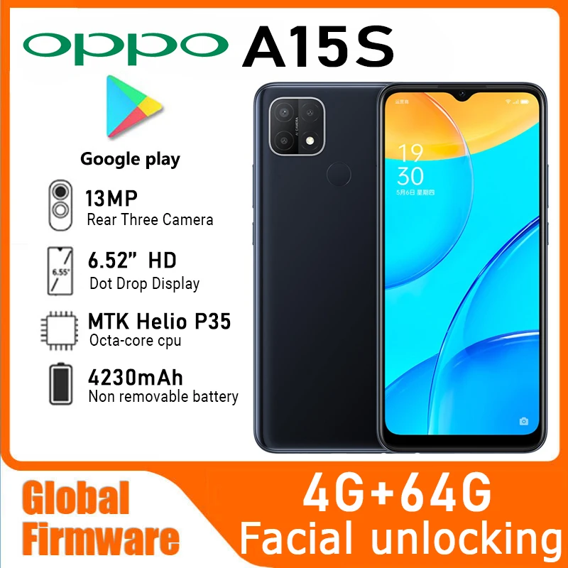 OPPO A15S Smartphone Global firmware 4230mAh battery CPU MTk Helio P35 RAM 4GB ROM 64GB 6.52-inch rear camera 13MP used phone