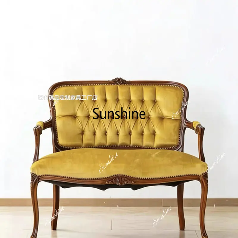 French retro solid wood sofa chair velvet buckle carved back chair casual