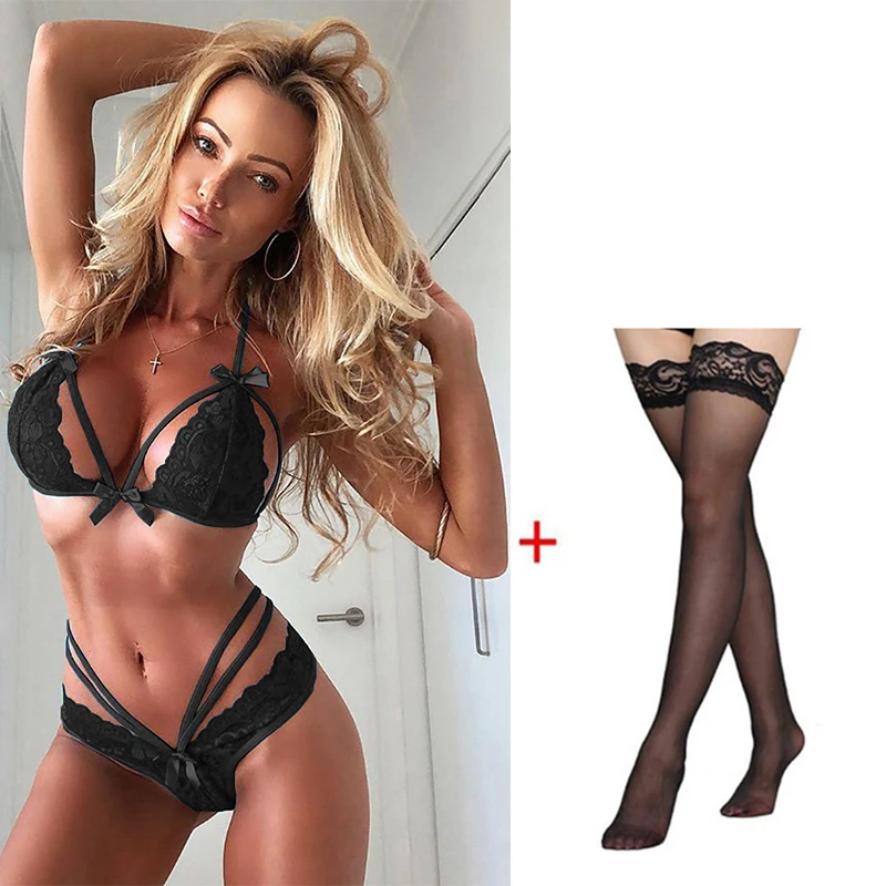 Conjunto de lencería Sexy para mujer, conjunto de Sujetador de encaje erótico caliente, calzoncillos rojos de peluche, ropa interior de vendaje, vestido, sujetador de realce, conjuntos de lencería, 3 piezas